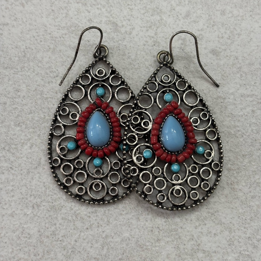 Silver, Blue & Red Teardrop Earrings